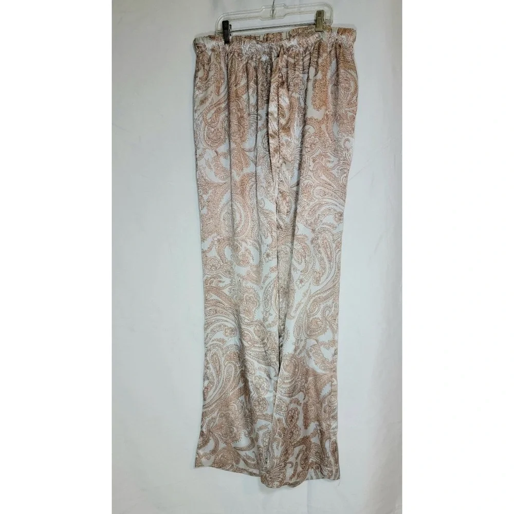 Victoria's Secret Paisley Satin Pajama Pants Tan White Wide Leg Lounge M/M